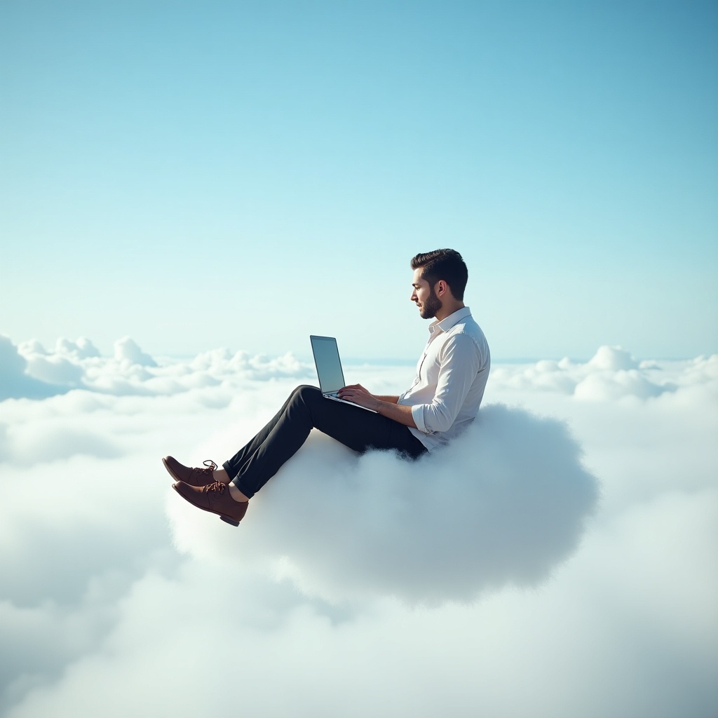 The image depicts a man sitting relaxed on a fluffy white cloud, working on his laptop. The background is a bright blue sky dotted with soft white clouds. The man is focused on his screen, embodying a serene work environment high above the ground. Dressed in a casual white shirt and black trousers, he represents the modern digital nomad lifestyle. This scene evokes feelings of freedom and creativity, suggesting that work can be enjoyable and unconfined by traditional office boundaries.