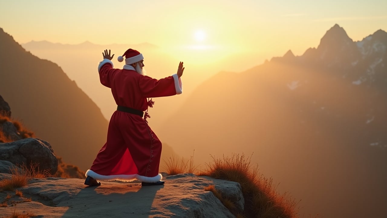 Cinematic image features Santa Claus practicing Tai Chi. Scenic misty mountains at dawn with soft light and sunshine.