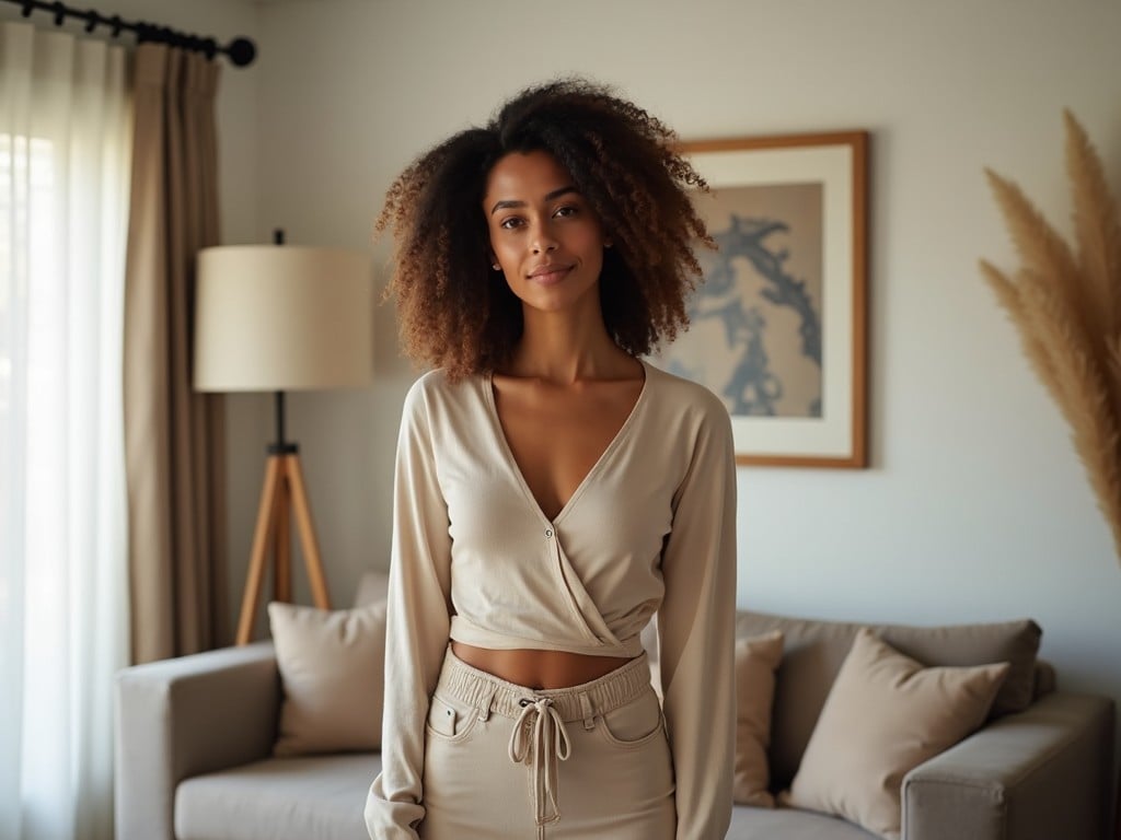 A young woman stands in a beautifully decorated living room, showcasing a relaxed, elegant fashion style. She wears a wrap top that exposes her midriff, paired with stylish bottoms. The soft, natural lighting emphasizes her features and the cozy ambiance of the space. The room is decorated with neutral tones and minimalistic furniture, enhancing the warm and inviting atmosphere. Her confident smile and relaxed posture suggest comfort and style in an everyday setting.