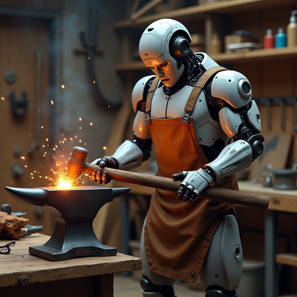 Character simulates blacksmith work. Robot hammers an anvil. Sparks fly. Workshop setting with tools and wooden shelves. Sturdy build focuses on innovative creation. Join robot helping humans.