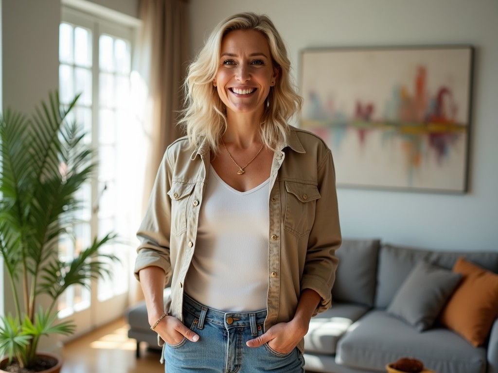 A cheerful person stands in a well-lit living room, with sunlight streaming through a large window. The room features a modern, comfortable design with a gray sofa adorned with colorful pillows, a potted plant near the window, and an abstract painting hanging on the wall. The warm lighting creates a welcoming ambiance, highlighting the subject's relaxed and happy expression.