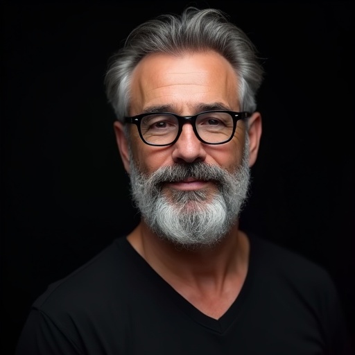 Digital portrait of a middle-aged man with gray beard and black glasses. Hair combed back. Wearing black V-neck shirt. Enhanced with high-resolution details and textures. Black gradient background. Modern and professional style.