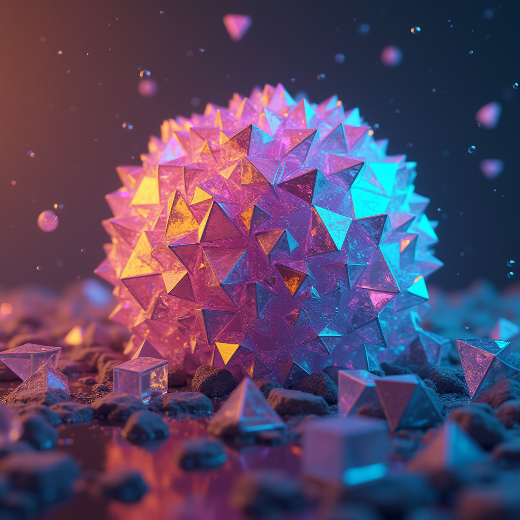 A glowing sphere composed of geometric facets in a mystical and colorful setting.