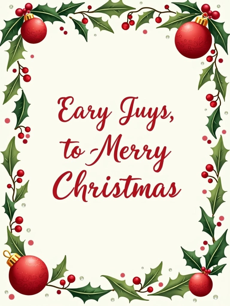 Festive greeting card design with Christmas theme. Typography shows appreciation for staff. Border decorated with holly leaves and red ornaments. Bright cheerful colors. Warm atmosphere for celebrations.