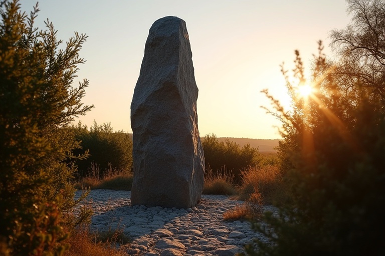 A menhir made of dark granite stands tall at about two meters high. It radiates calmness warmth and strength. Dense shrubs surround the menhir. The ground is stony with sparse wild herbs. The landscape is southern France during evening light of an early clear spring day. Last rays of sunlight illuminate the dark stone.