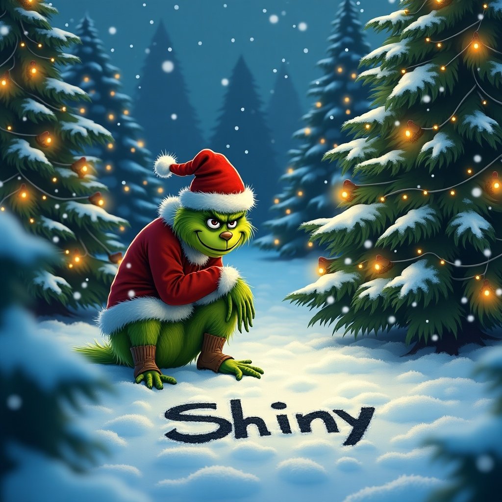 The Grinch is outside in the snow with Christmas trees around. He is writing the name Shinny in the snow.