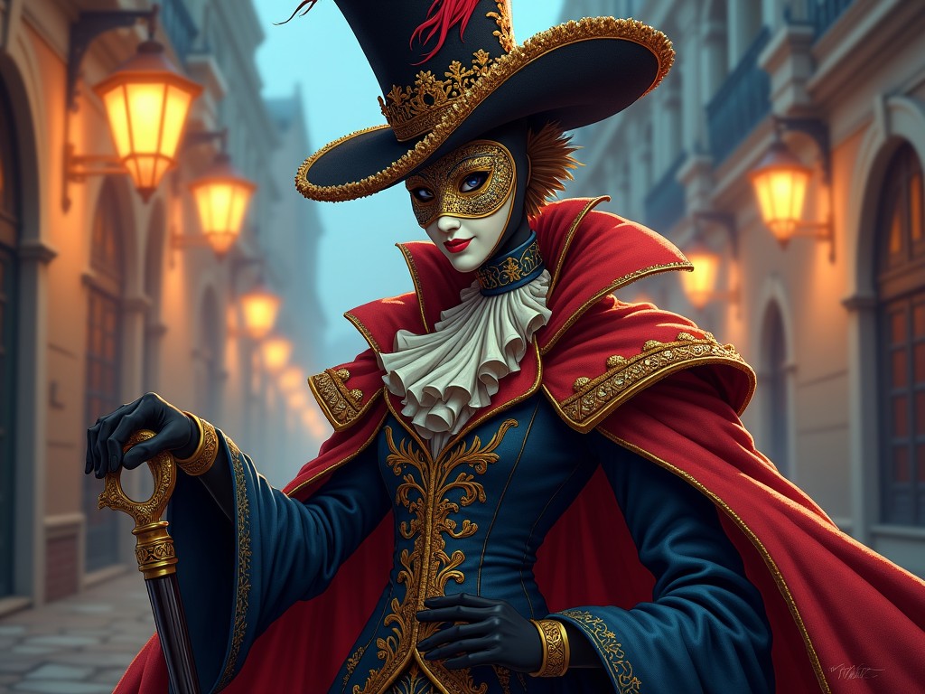 Create a character inspired by traditional Venetian masquerade, styled as if for a cartoon or comic. The character is wearing an elaborate, classic Venetian mask with intricate designs, possibly a bauta or volto mask with gold and silver accents. The costume is elegant, with a richly detailed cape, doublet, and ruffled collar, evoking 18th-century Venice but with a vibrant, animated twist. The character's stance is dramatic and mysterious, with one hand on a cane or holding a fan, capturing a sense of intrigue. The color palette includes deep reds, royal blues, and blacks, with hints of gold. The background hints at Venetian architecture or the soft glow of lanterns during a night festival, enhancing the character's mysterious presence.