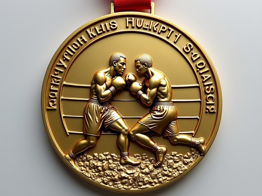 This image features a realistic gold medal depicting two boxers engaged in a match inside a boxing ring. The medal has intricate details showcasing the muscular forms of the boxers, emphasizing their athleticism. At the top, the phrase “KHO Boks Şampiyonası” is elegantly inscribed. The medal has a shiny, reflective surface that enhances its appearance. This design symbolizes achievement in boxing competitions and showcases the honor associated with winning the championship.