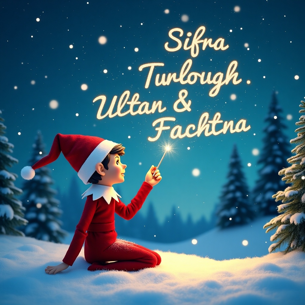 The image features an enchanting elf sitting on a bed of snow in Santa's village during the festive season. The elf is creatively using a magical wand to write names in sparkling light against a beautiful starry sky. Surrounding the elf is a picturesque winter wonderland, with snow-covered ground and tall evergreen trees completing the scene. Above, the names ‘Siofra’, ‘Turlough’, ‘Ultan’, and ‘Fachtna’ are written elegantly in the sky, adding a whimsical touch. This magical scene captures the joy and wonder of the holiday season.