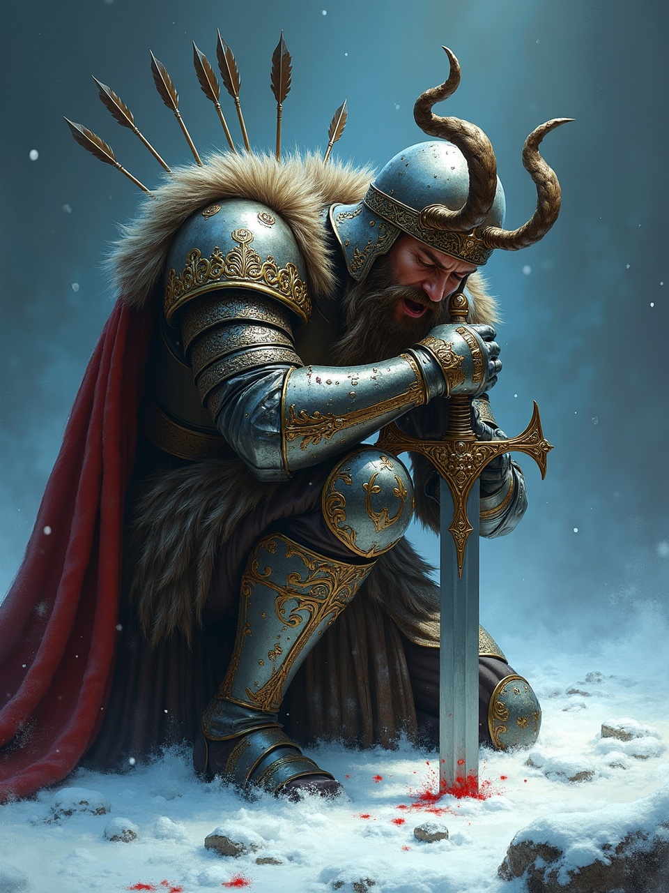 This digital art depicts a medieval warrior kneeling in the snow, clad in intricately detailed armor with horns on his helmet. He grips a large sword planted in the ground, surrounded by a few scattered bloodstains. The scene is set against a moody, snowy backdrop that enhances the somber, reflective mood.