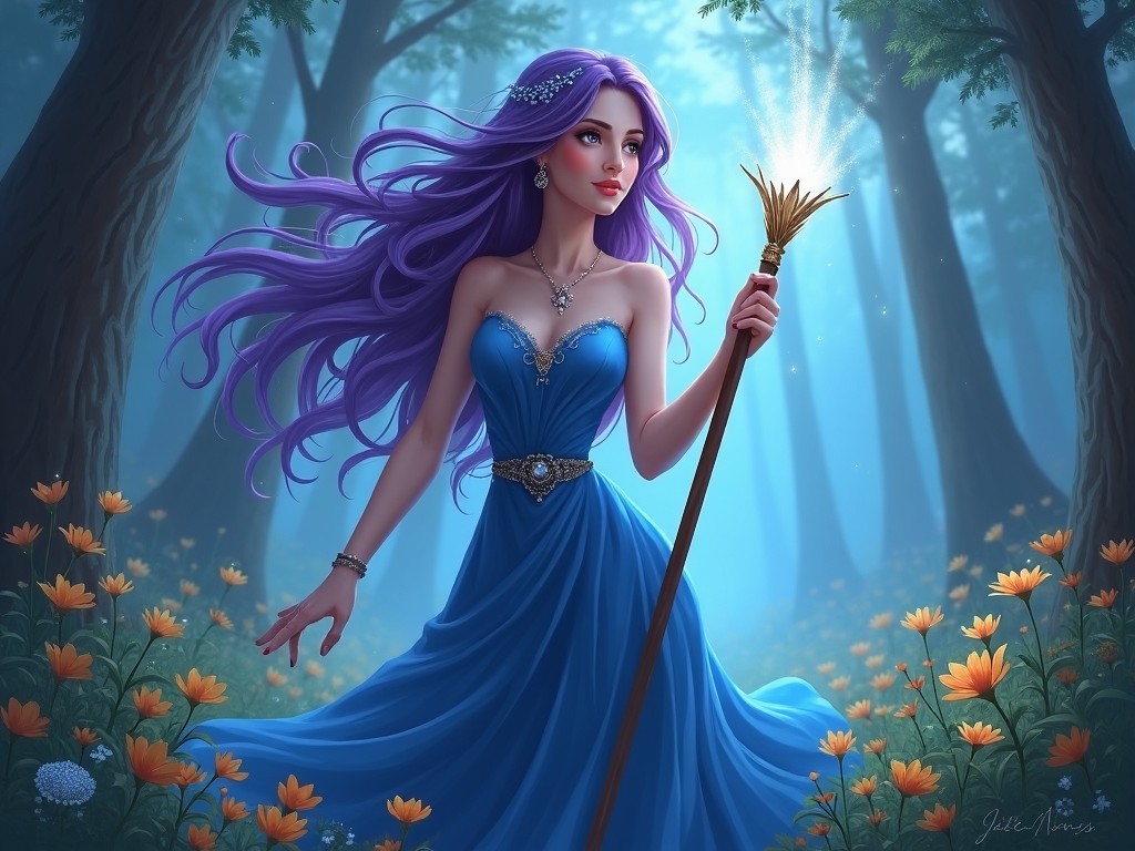 A fantasy-themed image featuring a beautiful woman in a magical forest. She wears a blue dress and holds a glowing staff. Her long purple hair flows gracefully in the breeze, adorned with sparkling jewelry. The background is filled with tall trees casting soft, mystical light all around. Flowers in vibrant colors bloom at her feet, enhancing the enchanting feel of the scene. The overall atmosphere is whimsical, inviting viewers into a world of magic and wonder.