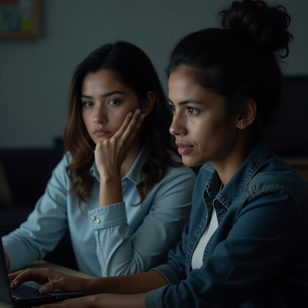 Two women are intently focused on a task, one using a laptop while the other appears thoughtful, possibly brainstorming.