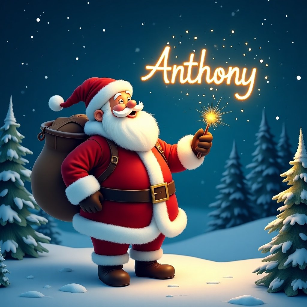 Realistic depiction of Santa Claus holding a magical wand writing the name Anthony in the night sky with a sparkler. Scene features a snowy landscape, evergreen trees, and a starry night.