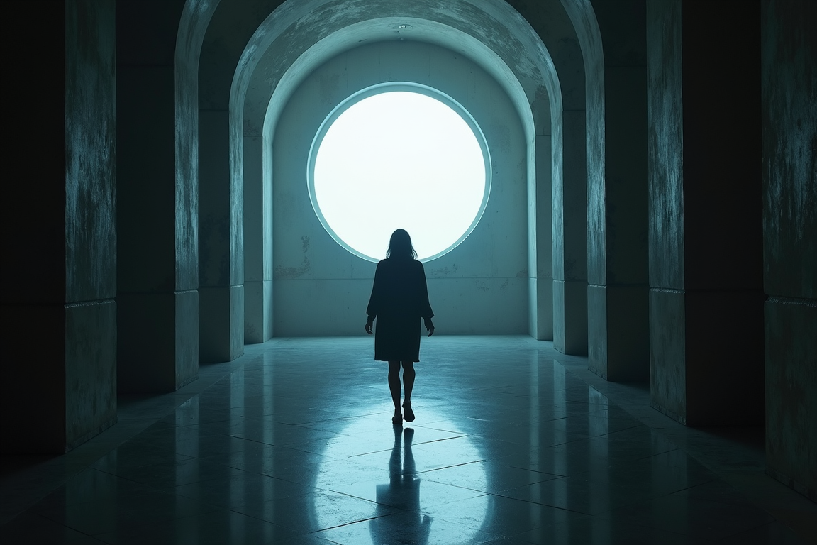 A person walks through a dimly lit corridor towards a large circular window.