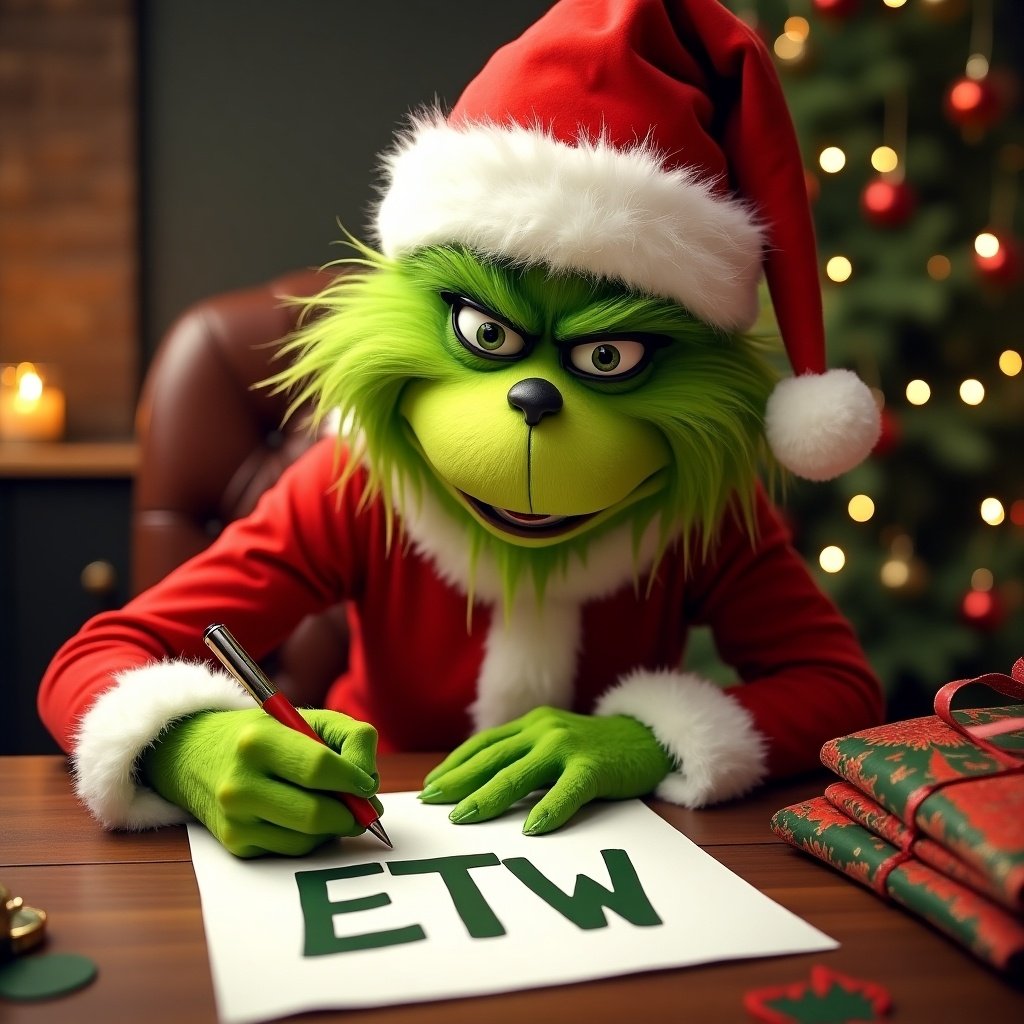 The Grinch in a Santa outfit writes ETW. The Grinch has green fur. Sitting at a table decorated for holiday season.