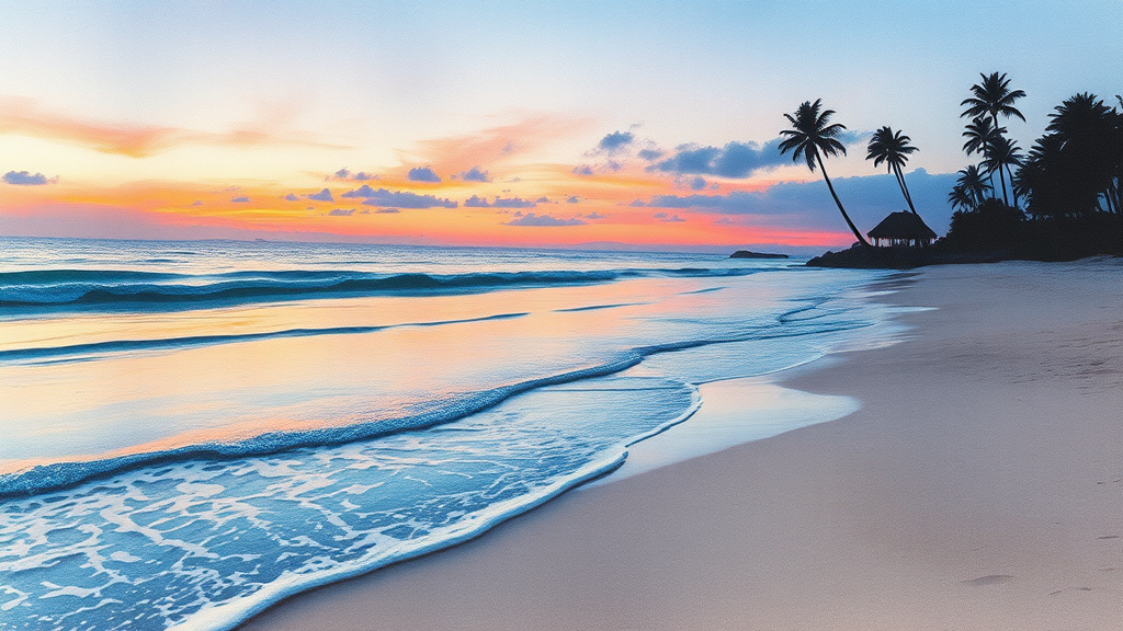 A tranquil beach scene at sunset with gentle waves and palm trees.