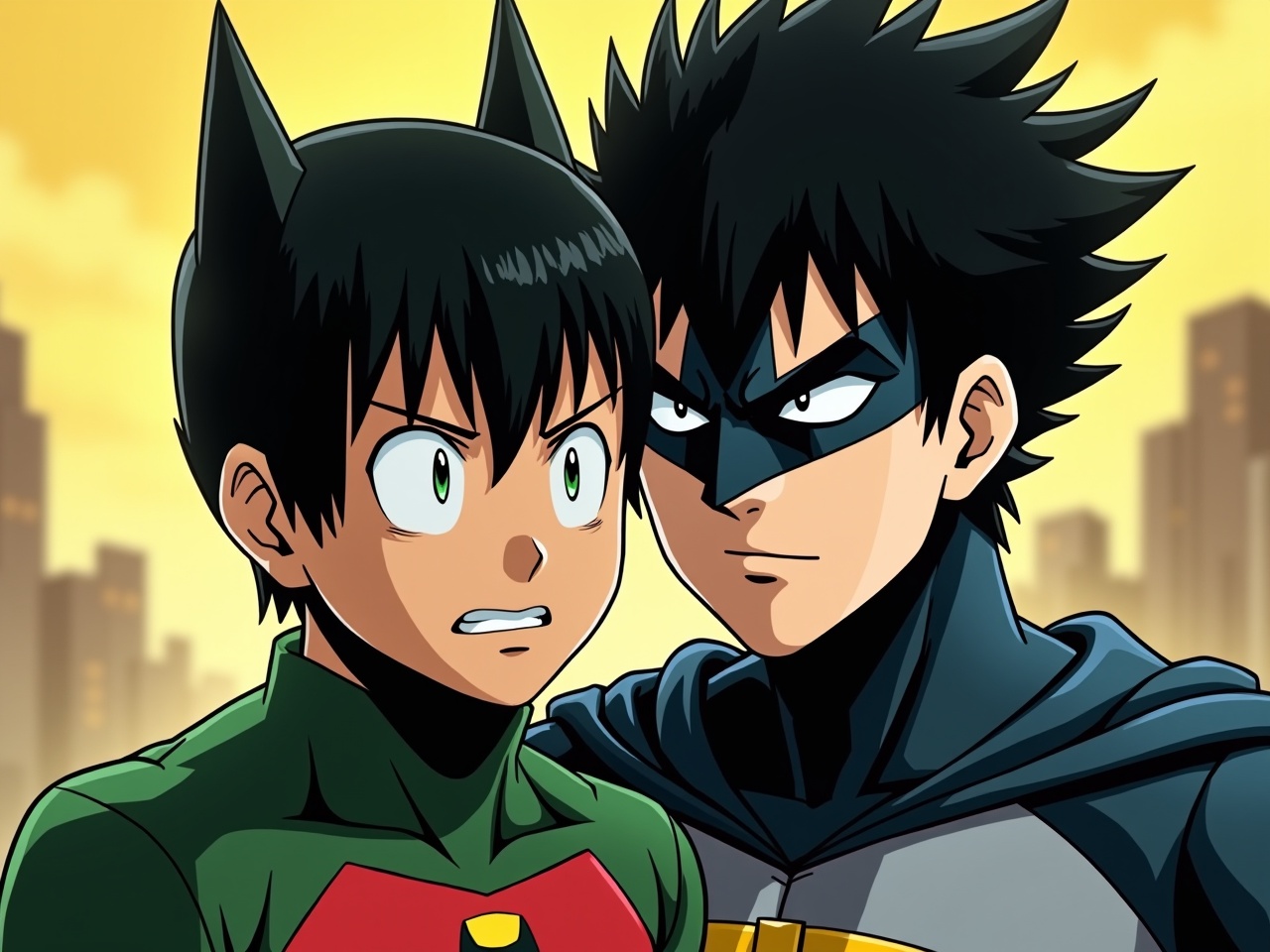 Anime-style drawing of two superhero characters, one wearing a green suit with black hair styled to resemble cat ears, and the other in a blue suit with a black mask, standing against a cityscape background at sunset.