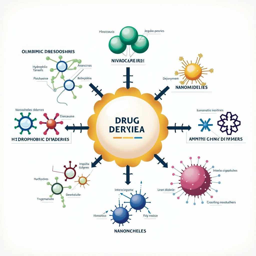 Infographic illustrating a drug delivery system based on polymeric nanosystems. Includes polymeric nanospheres, nanomicelles, nano-conjugates, hydrophilic and hydrophobic polymers, targeting moieties, imaging moieties, and amphiphilic polymers. Uses vibrant colors and a clean scientific aesthetic with labeled diagrams.