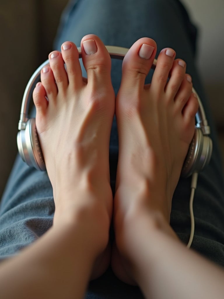 A pair of bare feet placed on each ear like headphones. Each foot rests comfortably on top of an ear. The person is relaxed and enjoying music.