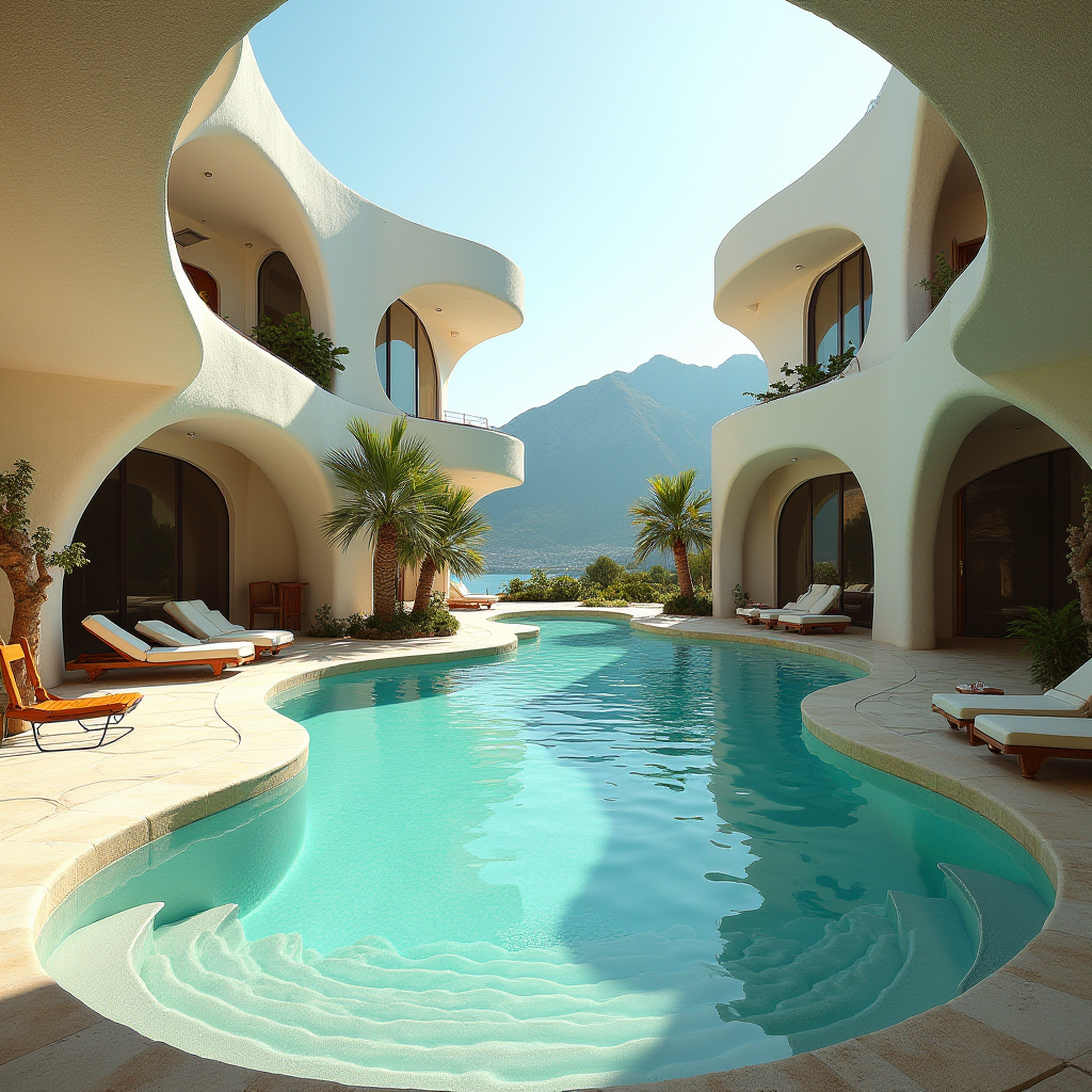 A luxurious, geometric-shaped pool is enclosed by an organically designed white modern building, featuring palm trees and sun loungers, set against a backdrop of mountains and a clear blue sky.