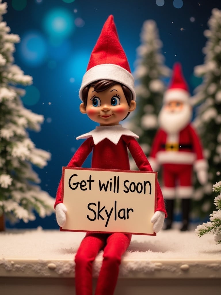 Elf character dressed in red and white holds a sign that reads 'Get well soon Skylar'. Background has magical lights and snow-covered trees with Santa figure. Scene shows holiday cheer and warmth.