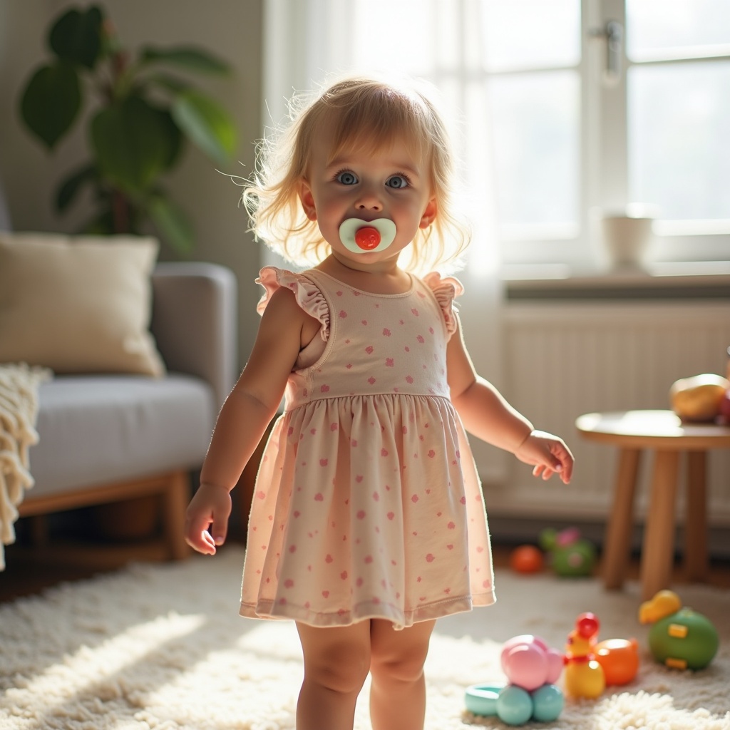 A blonde toddler girl stands in a living room filled with toys scattered around her. She has a pacifier in her mouth and wears a cute dress adorned with pink polka dots. The soft, natural light pours in from the window, highlighting her playful demeanor. The living room features a cozy sofa and a plush rug, creating a warm atmosphere. The scene captures a moment of childhood innocence and joy.