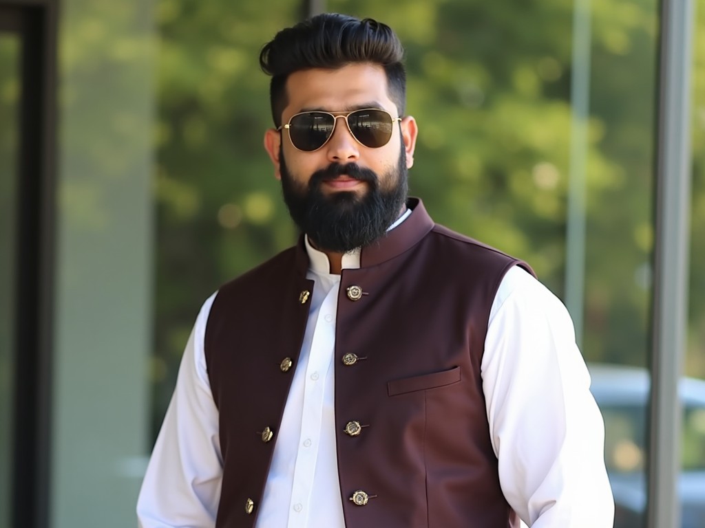 A man is standing outside, wearing a traditional outfit. He's dressed in a white shalwar kameez with a dark, possibly maroon or brown, buttoned waistcoat. The man has a thick beard and is wearing stylish, dark sunglasses. The background includes greenery, visible through a reflective window, adding a natural touch to the scene. The lighting suggests a sunny day, highlighting the attire and features of the man.