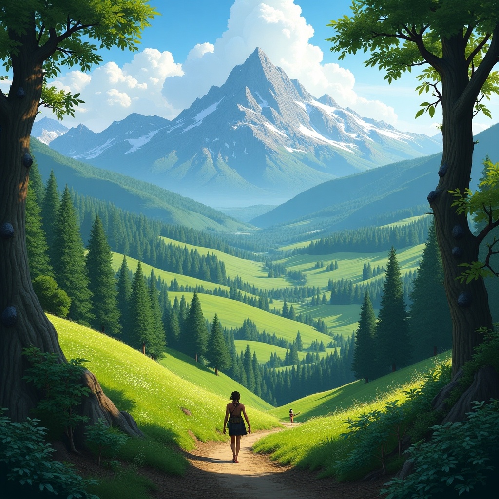 Lush realm featuring rolling hills, dense forests, towering mountains. Skilled inhabitants in agriculture and craftsmanship. Deep connection to nature and life cycles.