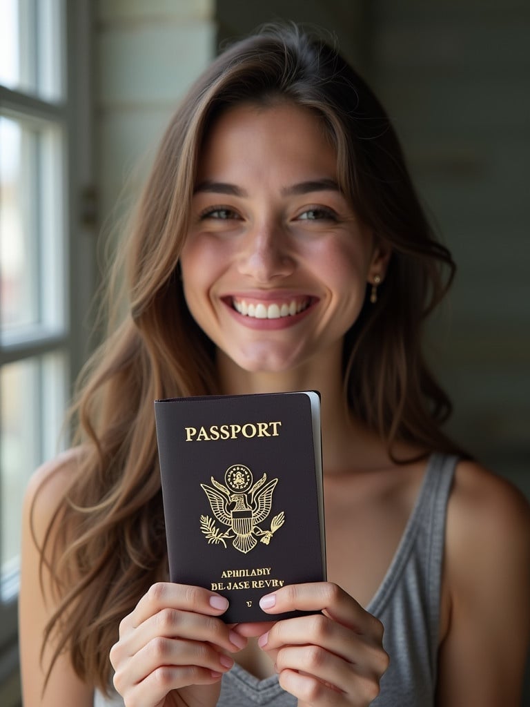 Image of a young woman holding a passport. The passport is visible, representing travel and identity. Natural lighting enhances the scene. The focus is on the passport, symbolizing adventure.