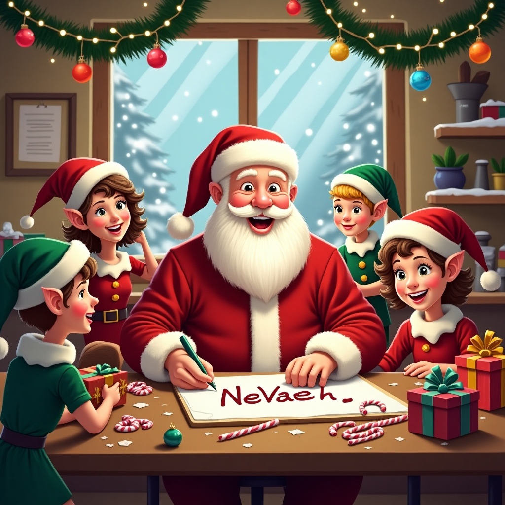 This image depicts a joyful Christmas scene inside a busy workshop. Santa Claus is the main focus, surrounded by cheerful brown elves, all wearing festive outfits. They are engaged in various holiday activities, with brightly wrapped presents on the table. Candy canes and colorful ornaments are scattered around, enhancing the festive mood. Snow is visible outside the window, contributing to the cozy winter atmosphere. Santa is happily writing the name 'NeVaeh', highlighting a special moment of holiday magic. The warm lighting and decorations perfectly capture the essence of the Christmas season.