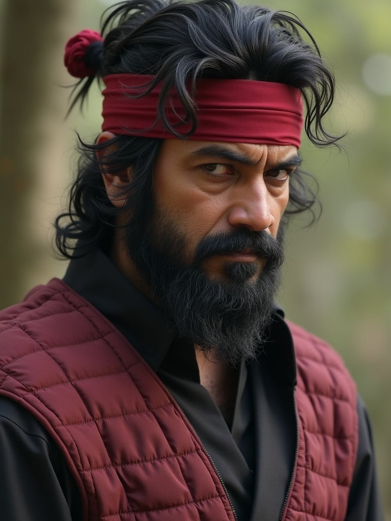 Ajith Kumar portrayed a character inspired by the anime Naruto. Character wears a red vest and a black shirt. Soft background with trees and natural light.