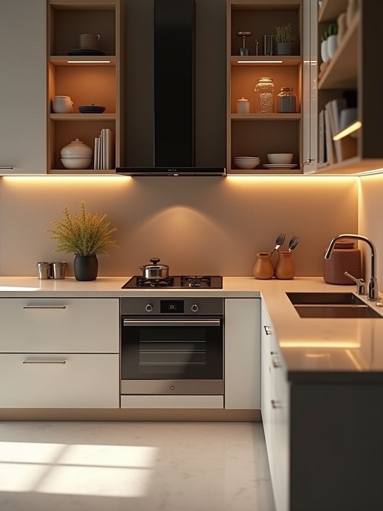 8K hyperrealistic rendering of a miniature house kitchen. Featuring high-end appliances. Detailed countertops with realistic lighting. Highlighting meticulous design with contemporary style.