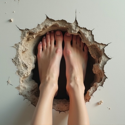 Female feet protrude through a rough hole in a wall. The toes are visible with a natural pedicure. The wall appears cracked and textured. A surreal effect is created by the foot position and wall interaction.