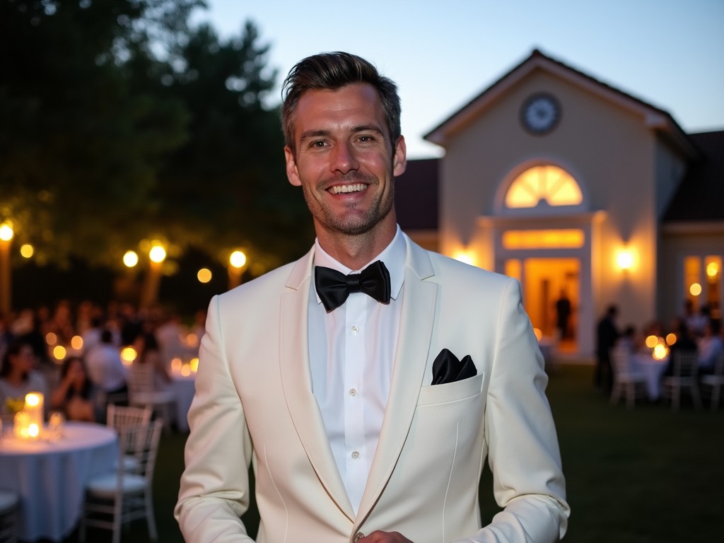 The image shows a man in formal attire, wearing a white tuxedo with a black bow tie, smiling at a social gathering. The setting appears to be outdoors, decorated with elegant tables and candles, suggesting an evening event. The background features a charming building with a clock above the entrance, illuminated with warm lighting. The sky is clear with a hint of twilight blue, indicating that the scene is taking place during dusk. Trees and greenery surround the area, adding to the serene and elegant atmosphere.