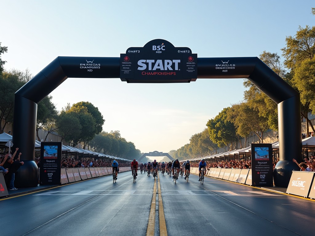 This image captures a professional elevated view of a start arch for a cycling championship. The perspective is from the back of the arch, looking toward the cyclists as they begin their race. Two tents are visible on either side of the road leading to the arch. On the right side after the arch, there is a VIP terrace area where spectators can enjoy the view. To the left, beyond the arch, there's a stage for award presentations featuring an LED screen. The atmosphere is lively and engages viewers in the cycling event experience.