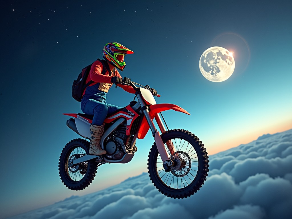 motorcyclist jumping a dirt bike in the sky above clouds with the moon in the background