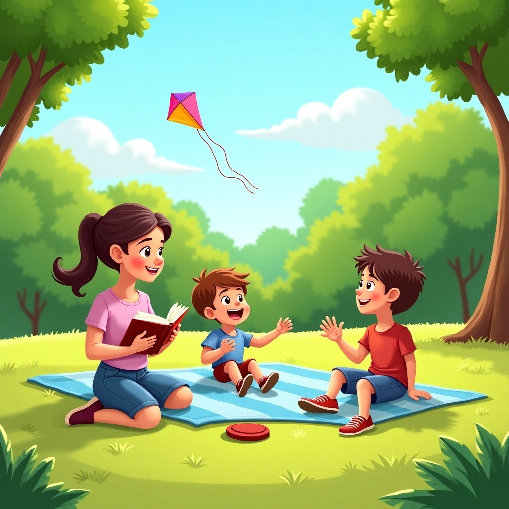 This image depicts a cheerful family picnic in a lush green park. A mother is sitting on a blanket, reading a book to her two young sons. One son is playfully sitting on the ground, while the other is in a seated position, animatedly talking. Above them, a colorful kite soars in the clear blue sky. The scene captures the essence of joy and family bonding during outdoor activities, with soft grass and trees creating a serene backdrop.