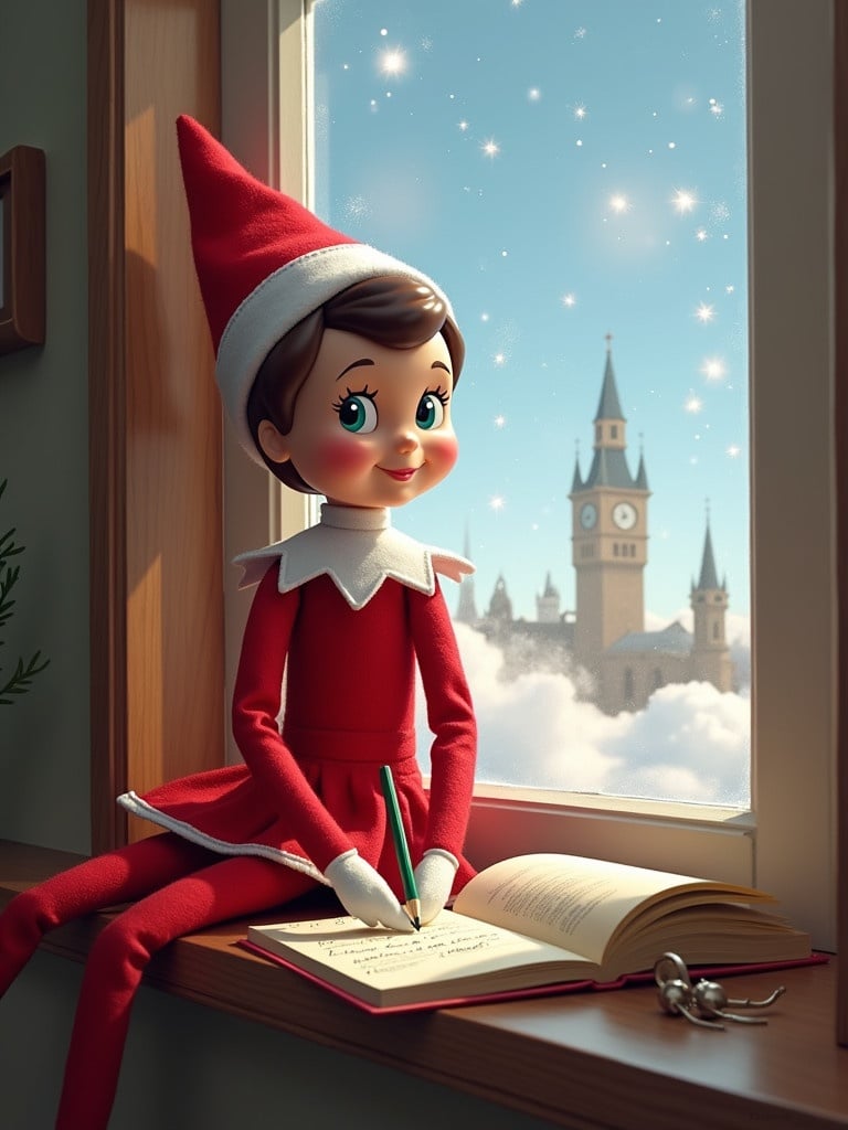 An elf character in red and white attire sits at a window writing in a book. The book has a title See You Soon Presley. Snowflakes fall outside against a blue sky. A historical tower can be seen in the distance.