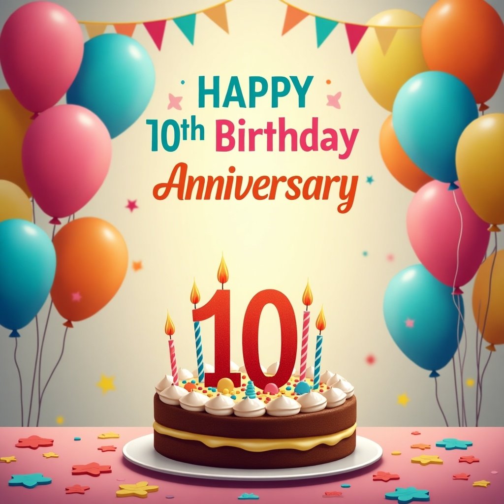 The image features a vibrant birthday scene celebrating a 10th birthday anniversary. In the center, there is a delicious-looking birthday cake with the number '10' prominently displayed on top, surrounded by colorful candles. The background is adorned with festive balloons in various colors, enhancing the lively atmosphere. A cheerful message reads 'Happy 10th Birthday Anniversary,' inviting everyone to join in the celebration. The overall mood is joyful and festive, perfect for a special occasion.