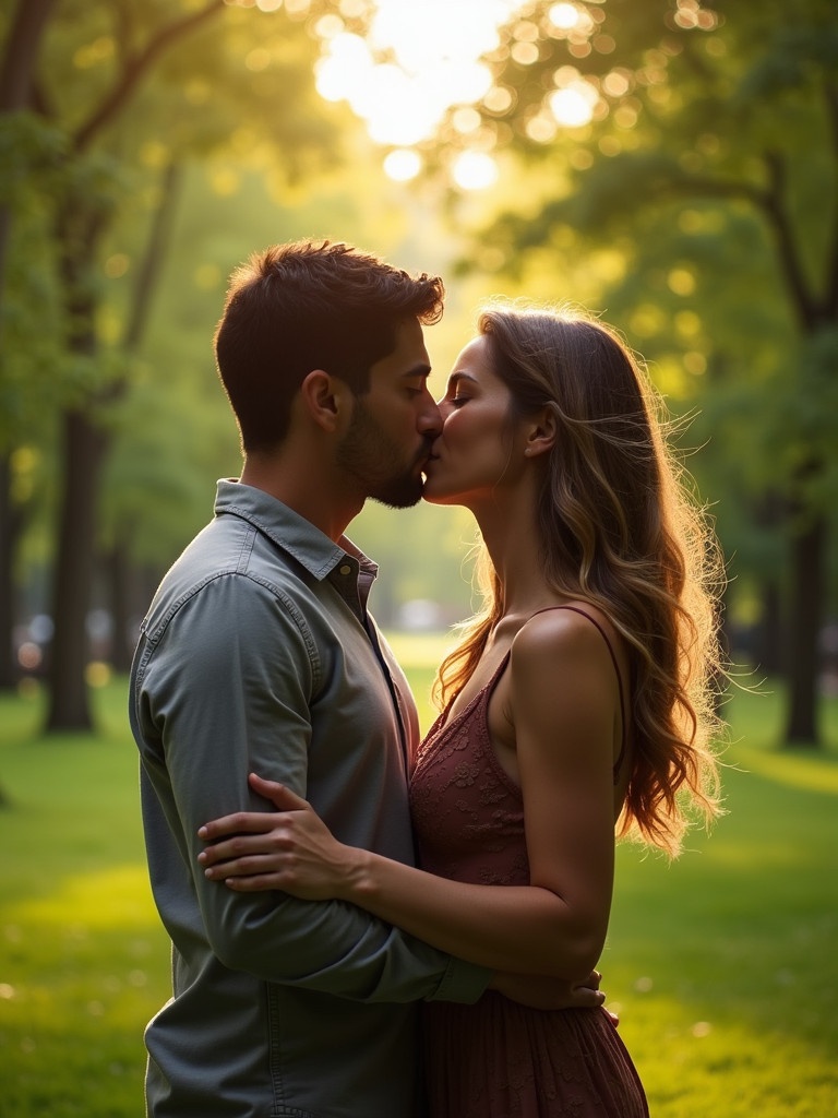 Couple sharing romantic kiss in lush green park. Soft daylight creates warm atmosphere. Intimate setting with nature surrounding them. Emphasis on emotional connection.