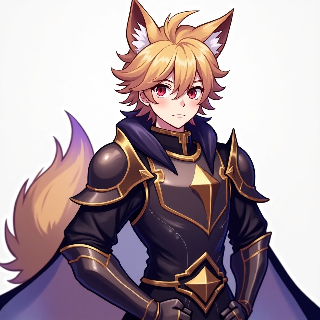 16 years old male character with golden-brown hair fading to purple red eyes wolf ears fluffy tail dressed in obsidian and rose-gold knight armor styled like Glitter Force