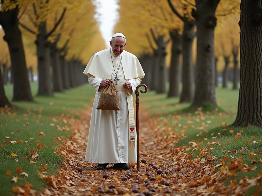 A serene image depicting a man in papal attire strolling through an autumnal avenue of trees. He holds a sack and a pastoral staff, surrounded by fallen leaves and chestnuts on the path. The alignment of trees creates a beautiful symmetrical perspective, enhancing the peaceful and contemplative mood of the scene.