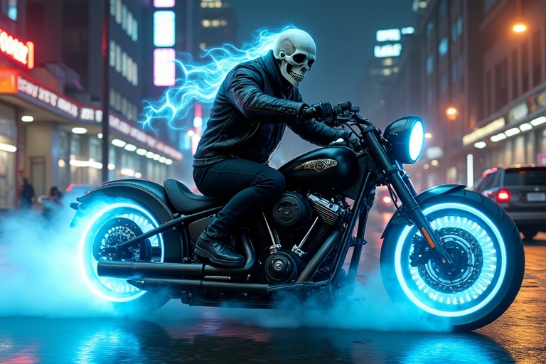 Ghostly skeleton biker rides powerful motorcycle through neon-lit city at night. Skull emits eerie blue flame trailing behind. Biker wears black leather jacket black pants and heavy boots gripping handlebars firmly. Motorcycle has glowing blue wheels and emits misty aura. Streets reflect city lights tall buildings background with neon signs and parked cars creating action-packed atmosphere. High resolution vivid bright colors and dramatic lighting enhance scene.