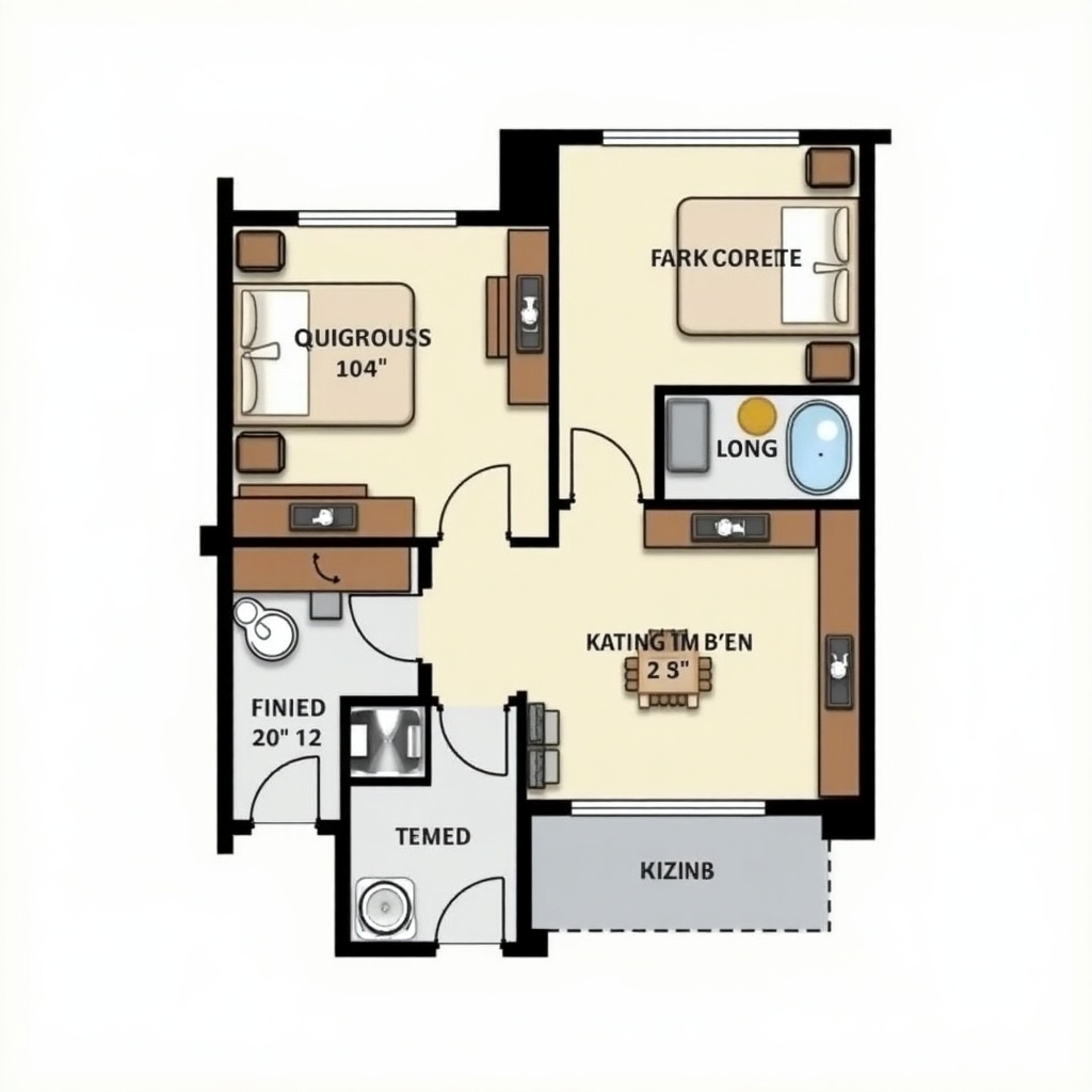 2BHK apartment layout. Includes two bedrooms, kitchen, bathroom, and living area. Total design area is 75 square meters.