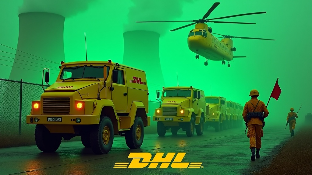 In a dramatic scene, several large yellow armored vehicles emblazoned with the DHL logo approach a fenced area. Soldiers dressed in yellow uniforms march together, some carrying rifles, conveying a sense of order and authority. One valiant soldier holds a flag featuring the DHL logo, symbolizing unity and strength. In the backdrop, imposing green-hued smokestacks of a nuclear power plant loom ominously. Above, a large yellow Chinook helicopter flies, heightening the tension of the setting. The entire environment is bathed in an unsettling green light, emphasizing the urgency and drama of the moment.