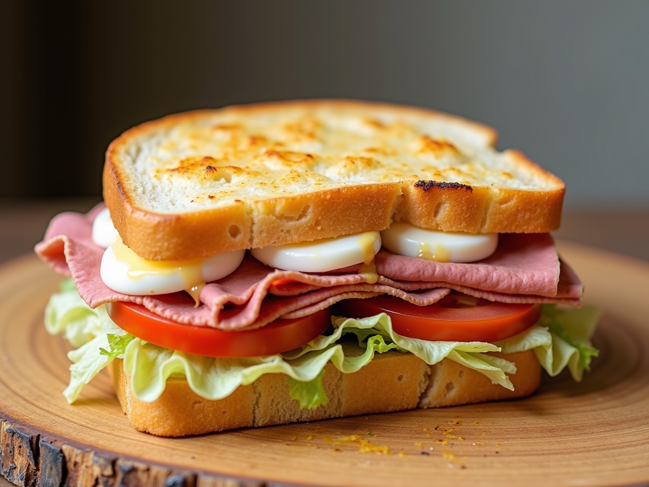 This image showcases a delicious baked ciabatta sandwich. It is layered with pastrami and mozzarella, complemented by fresh tomato slices and crisp iceberg lettuce. A generous spread of mayonnaise adds richness to the sandwich. The bread is golden brown, perfectly toasted to enhance its flavor. The sandwich is presented on a rustic wooden plate, creating an appetizing visual appeal.