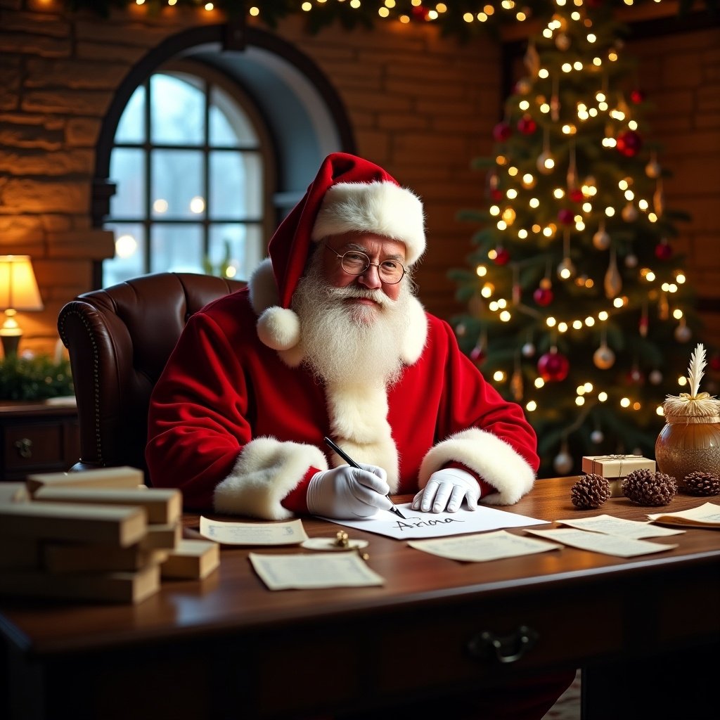 Santa in his grotto writing the name Ariana on his nice list.