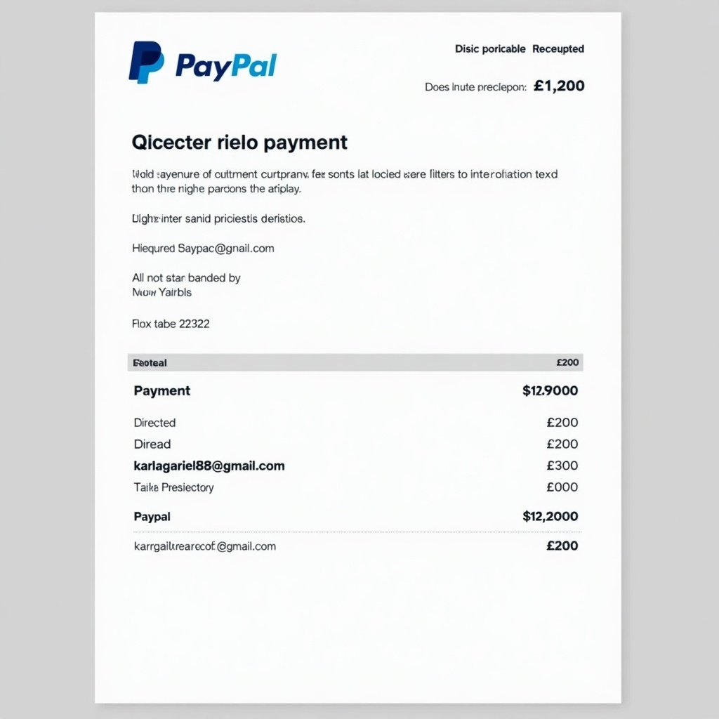 Image shows proof of payment document from PayPal. Payment directed to a specific email address. Receipt has recognizable PayPal design with emphasis on clarity. Transaction completed for £200.