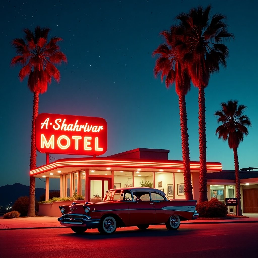 A classic motel called A-Shahrivar illuminated by neon signs at night. A red vintage car is parked in front with its lights on. Tall palm trees are in the background under a starry sky. The colors are vibrant with red orange and blue tones. The scene evokes adventure and nostalgia of simpler times on the open road.