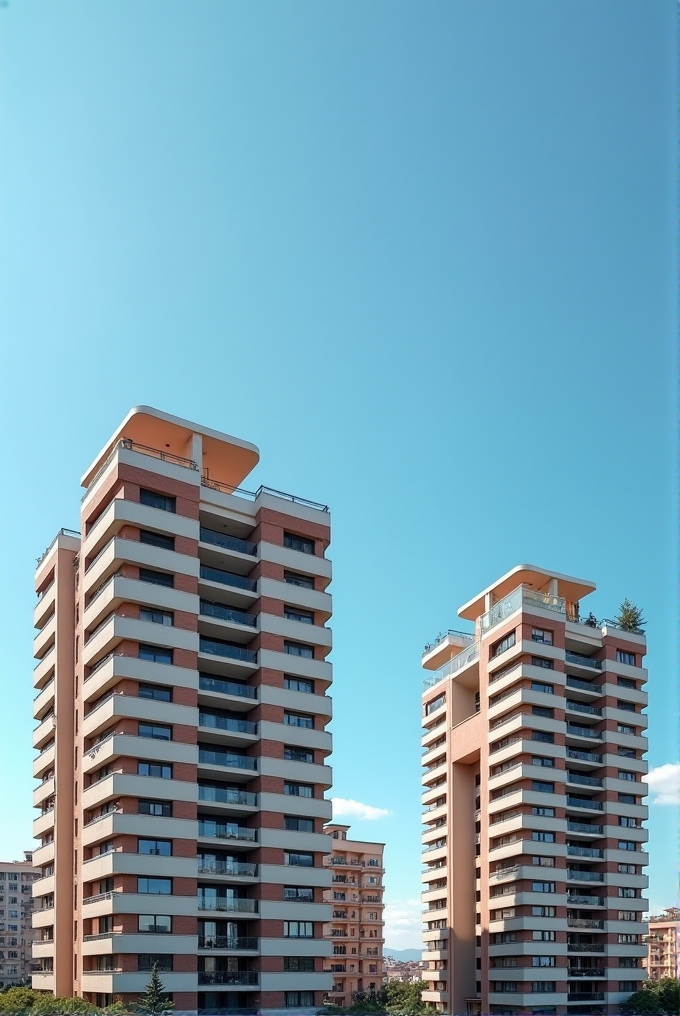 The image showcases two modern residential buildings under a clear blue sky, featuring distinctive architectural details and balconies on each floor.